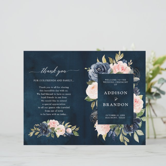 Programme de mariage floral rose bleu bleu Dusty (Debout devant)