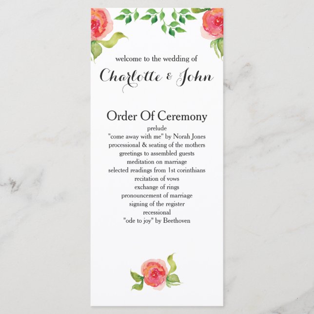programme de mariage floral rose corail (Devant)