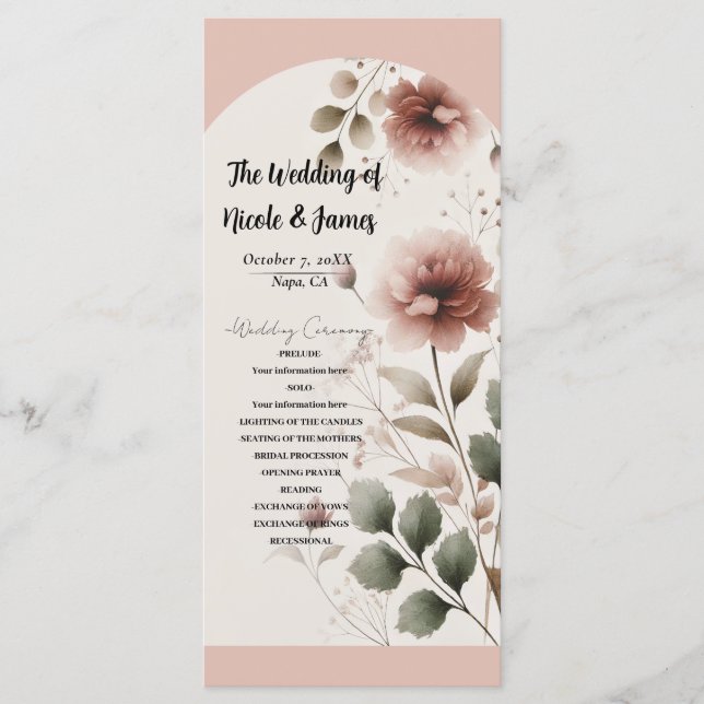Programme de mariage floral rose désertique verdur (Devant)