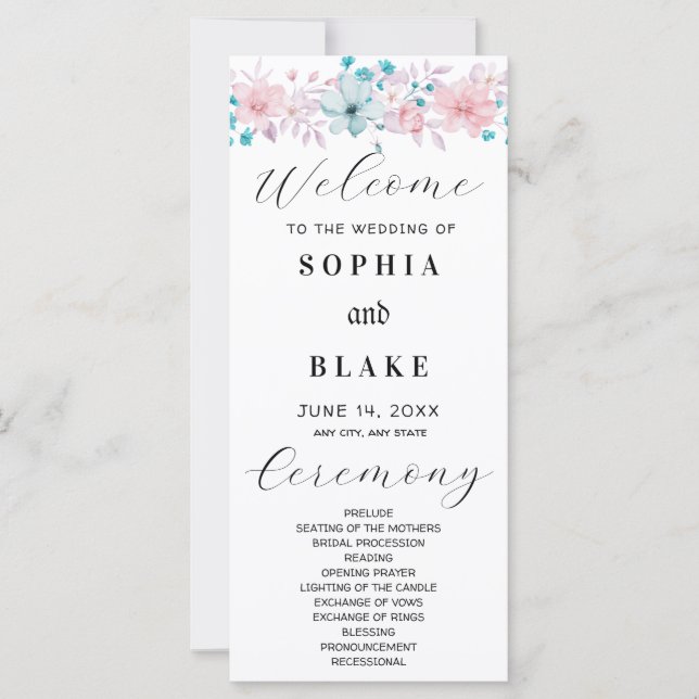 Programme de mariage floral rose et bleu simple (Devant)
