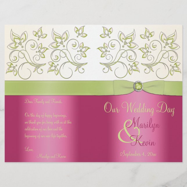 Programme de mariage floral rose et vert (Devant)