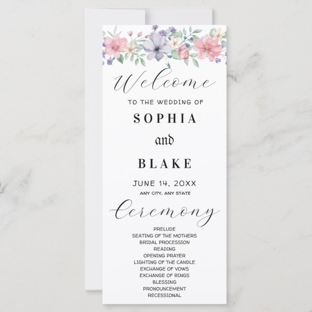 Programme de mariage floral rose et violet simple (Devant)