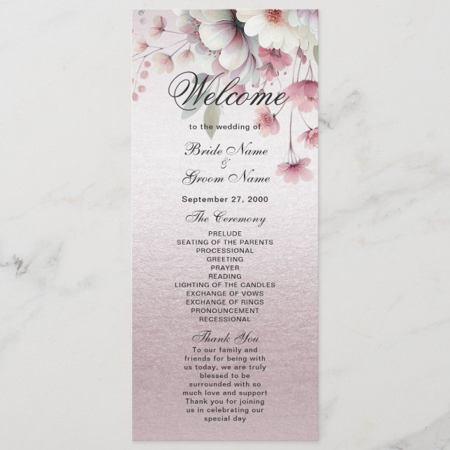 Programme de mariage floral rose moderne (Devant)