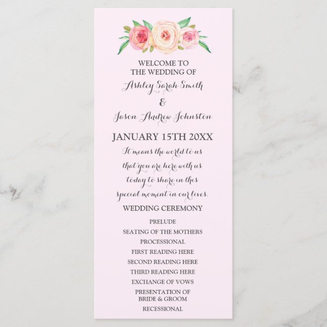 Programme de mariage floral rose pâle (Devant)