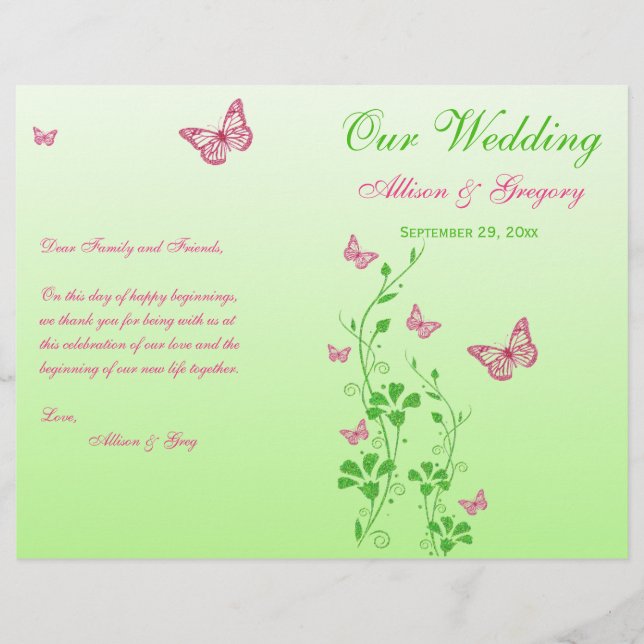 Programme de mariage floral rose, papillon vert (Devant)