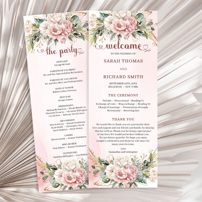 Programme de mariage floral rose poudré raffiné (Refined Blush Pink Floral Greenery Wedding Program)