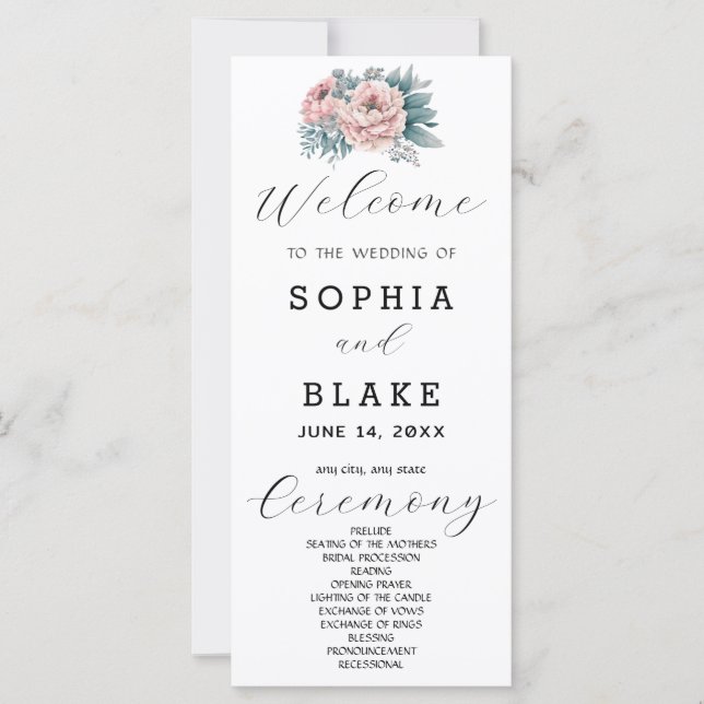 Programme de mariage floral rose romantique blanc (Devant)
