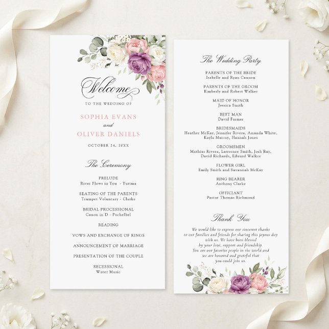 Programme de mariage floral rose violet verdure (Créateur téléchargé)