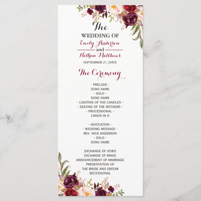 Programme de mariage floral rouge Bourgogne (Devant)