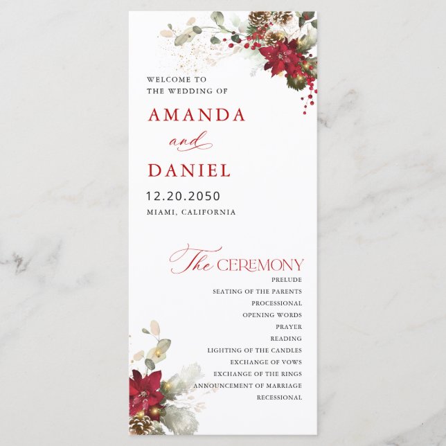 Programme de mariage floral rouge de Noël (Devant)