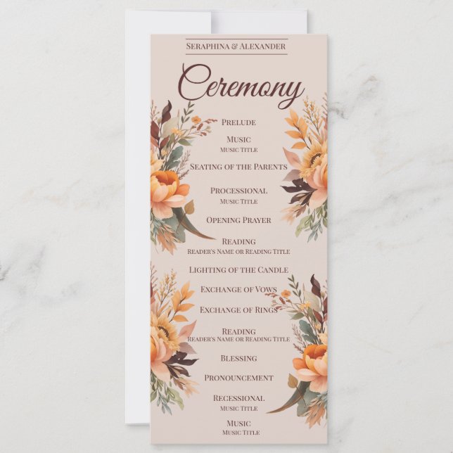 Programme de mariage floral rustique aquarelle d'a (Devant)