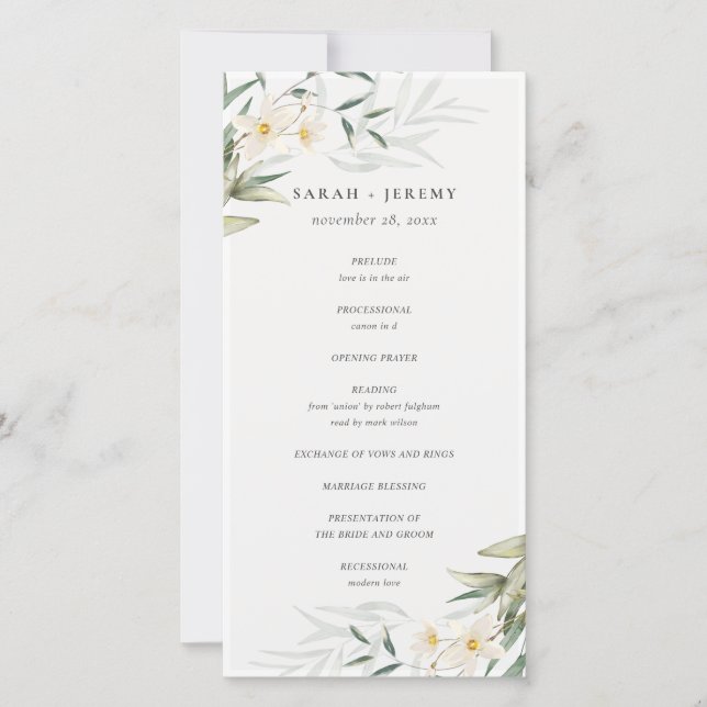 Programme de mariage floral rustique blanc vert (Devant)
