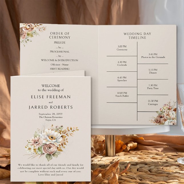 Programme de mariage floral rustique marron campag (Wedding Program from the Rustic Floral Brown Neutral Wedding Collection by Darling & May)