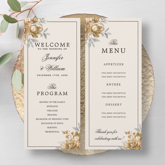 Programme de mariage floral rustique naturel en or (Gold Natural Rustic Floral Wedding Program Menu)