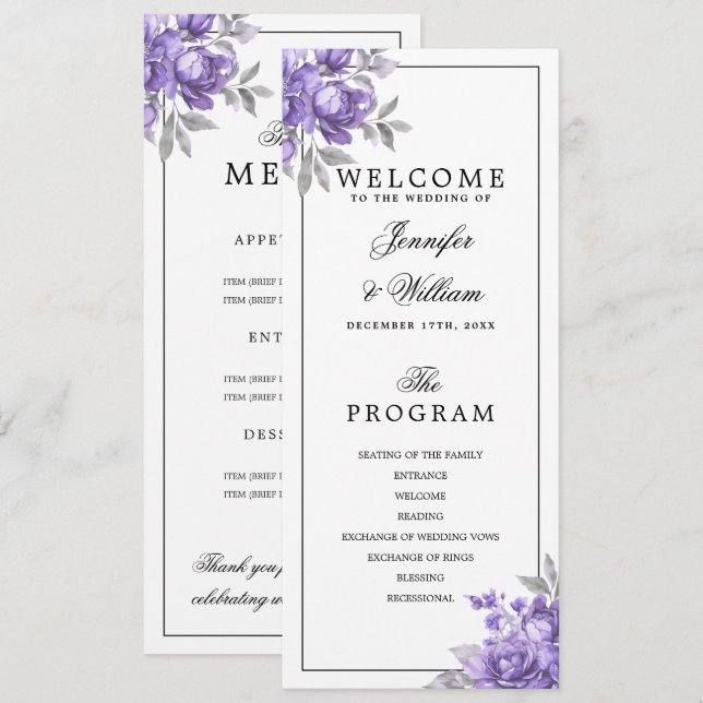 Programme de mariage floral rustique violet Menu (Devant / Derrière)
