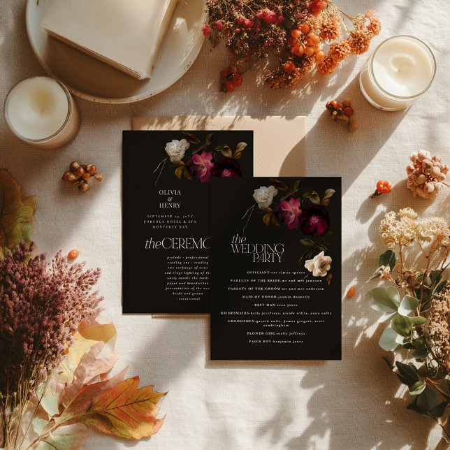 Programme de mariage floral sombre élégant bordeau (Créateur téléchargé)