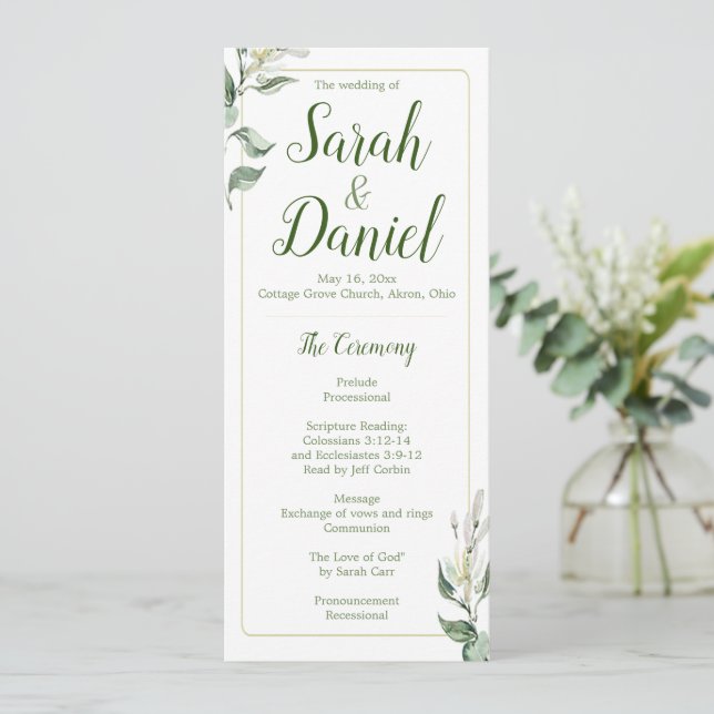 Programme de mariage floral vert, or et blanc (Debout devant)