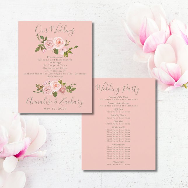 Programme de mariage floral vert rose et gris (Créateur téléchargé)