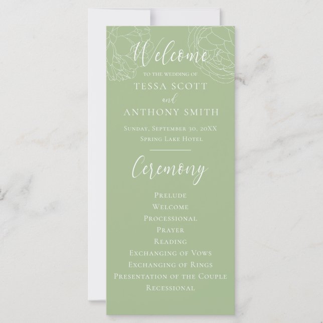 Programme de mariage floral vert sauge élégant (Devant)