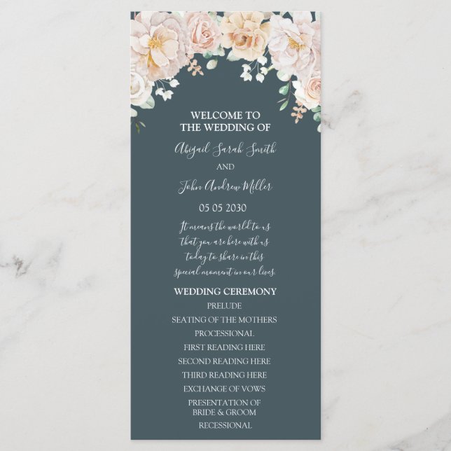 Programme de mariage floral vintage bleu marine (Devant)