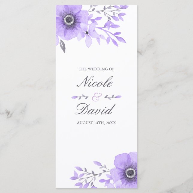 Programme de mariage floral violet et gris (Devant)