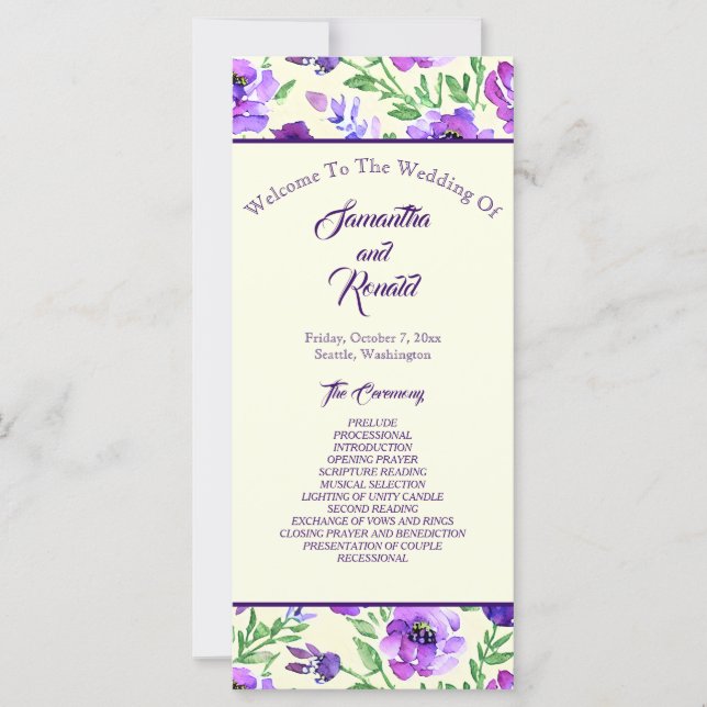 Programme de mariage floral violet et vert (Devant)