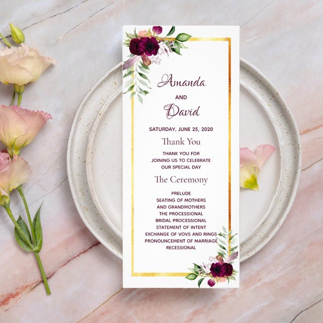 Programme de mariage floraux bordeaux or blanc boh (Créateur téléchargé)