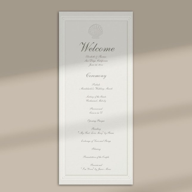 Programme de mariage formel nautique coquillage cô (modern classic wedding program coastal nautical shell ecru script formal traditional elegant)