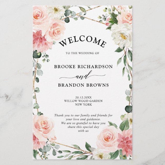 Programme de mariage géométrique rose floral (Devant)