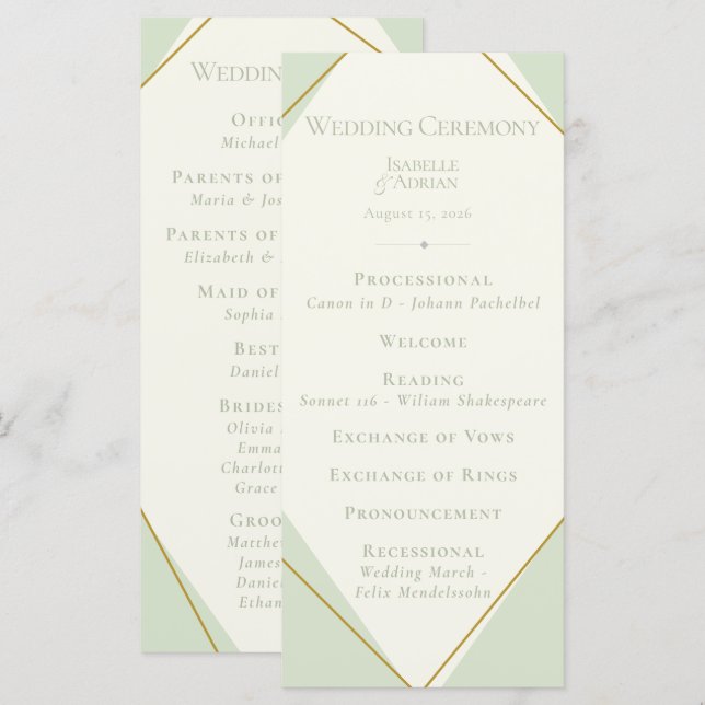 Programme de mariage géométrique vert sauge élégan (Devant / Derrière)