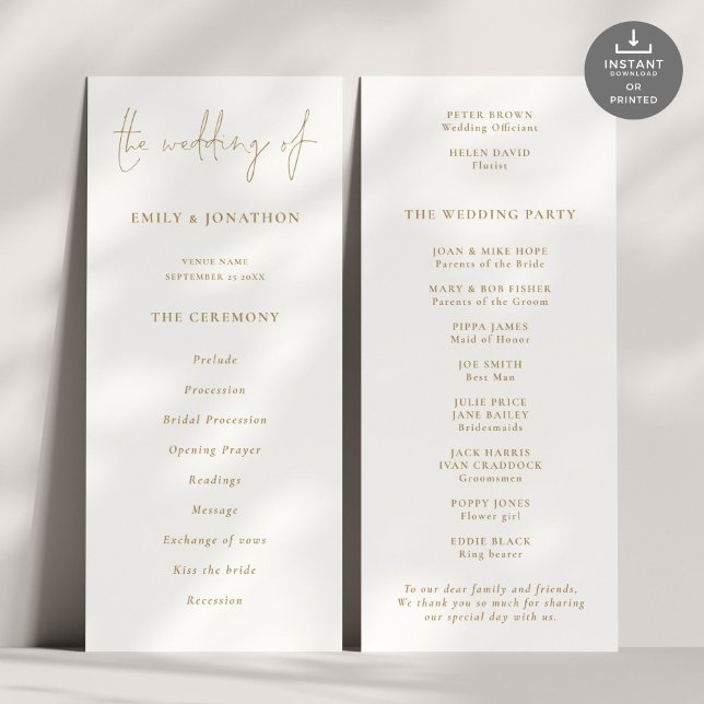 Programme de mariage Gold Script moderne (Front and back view)
