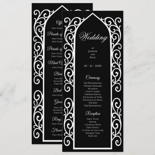 Programme de mariage gothique noir et blanc orné (Devant / Derrière)