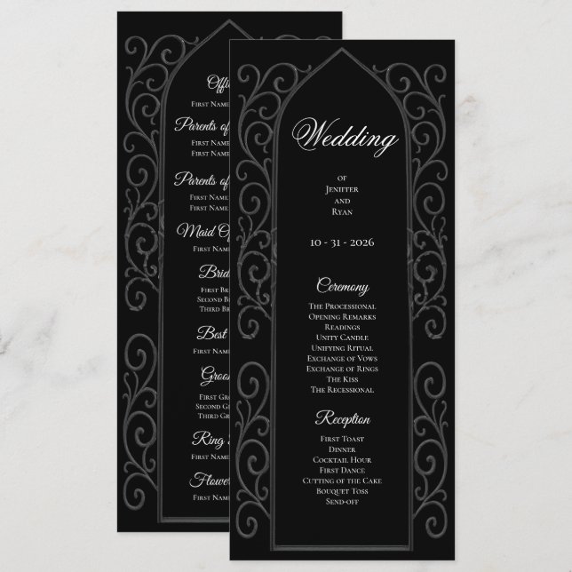 Programme de mariage gothique noir et blanc orné (Devant / Derrière)