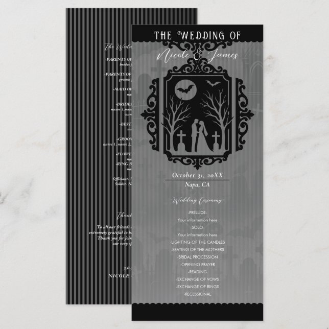 Programme de mariage gothique noir et gris avec vœ (Devant / Derrière)