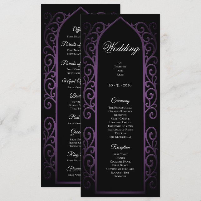 Programme de mariage gothique noir et violet orné (Devant / Derrière)