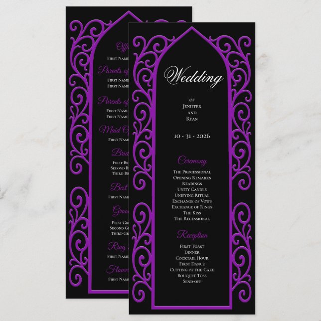 Programme de mariage gothique noir et violet orné (Devant / Derrière)