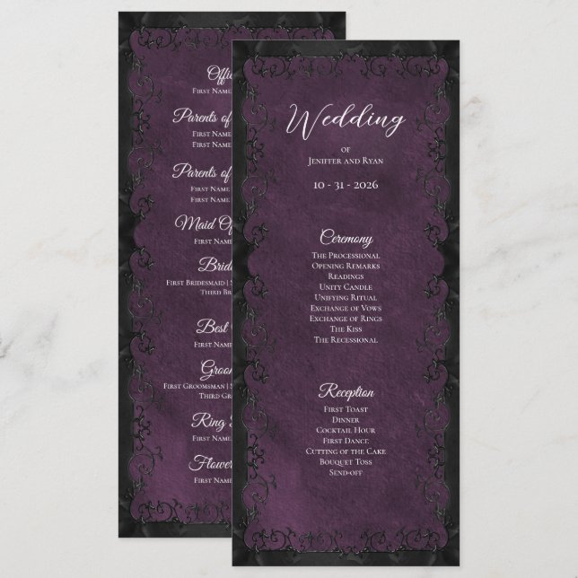 Programme de mariage gothique violet élégant (Devant / Derrière)