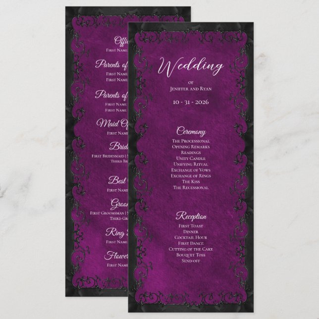 Programme de mariage gothique violet élégant (Devant / Derrière)