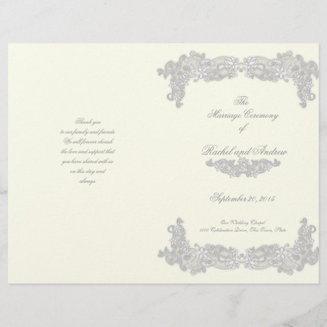 Programme de mariage gris argenté floral victorien (Devant)