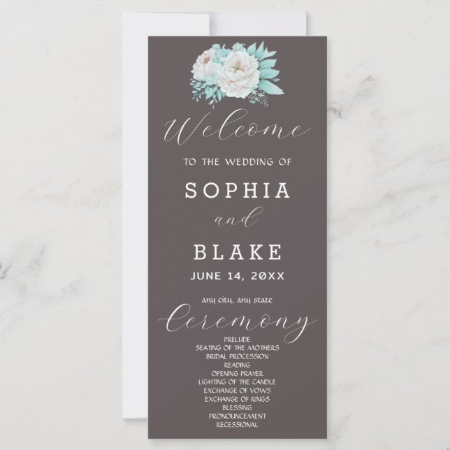 Programme de mariage gris cendré aux fleurs blanch (Devant)