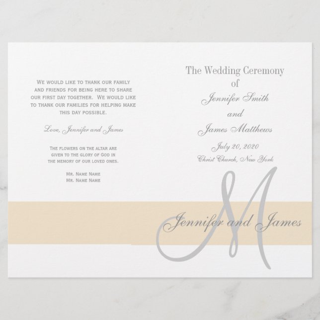 Programme de mariage gris champagne | Monogramme (Devant)