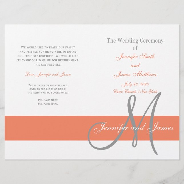 Programme de mariage gris corail | Monogramme (Devant)