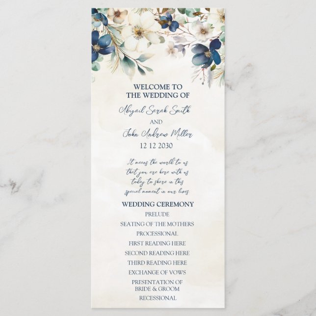 Programme de mariage hivernal à fleurs bleues élég (Devant)