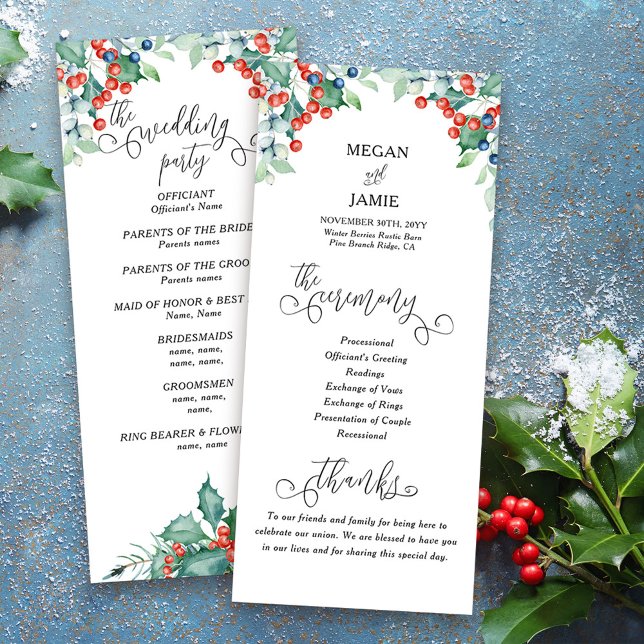 Programme de mariage hivernal avec texte élégant e (Winter Wedding Program with elegant calligraphy, holly and winter berries)