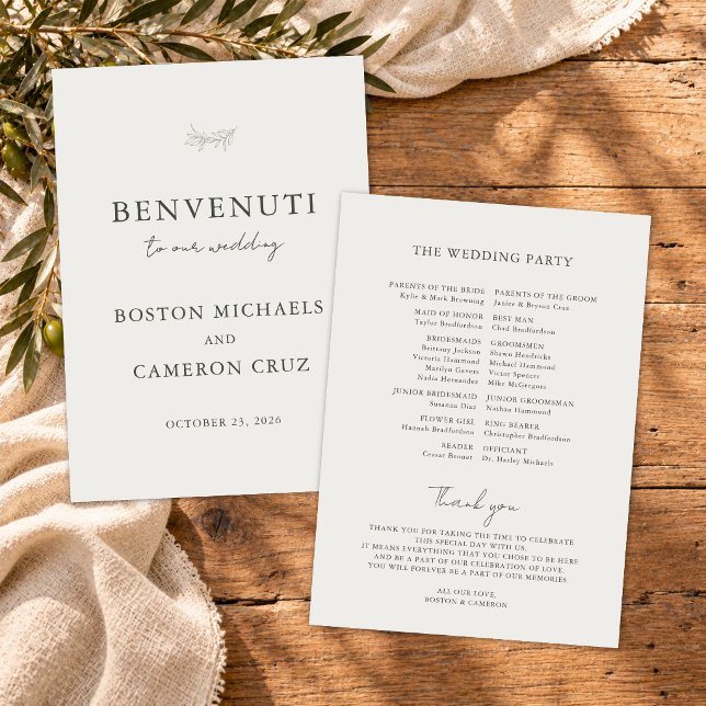 Programme de mariage italien élégant de destinatio (Modern elegant Italian destination wedding program with minimalist script typography and classic)