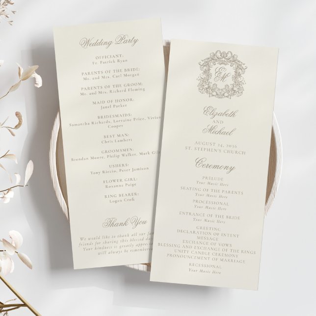 Programme de mariage ivoire à blason monogramme él (Créateur téléchargé)