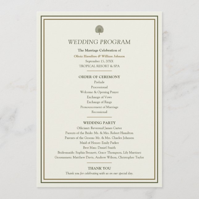 Programme de mariage Ivory & Gold Palm (Devant)