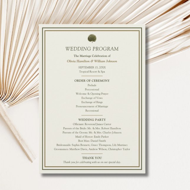 Programme de mariage Ivory & Gold Palm (Ivory & Gold Palm wedding program with personalized ceremony order and wedding party details)