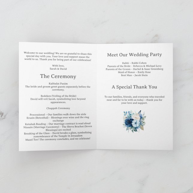 Programme de mariage juif floral bleu (Intérieur)