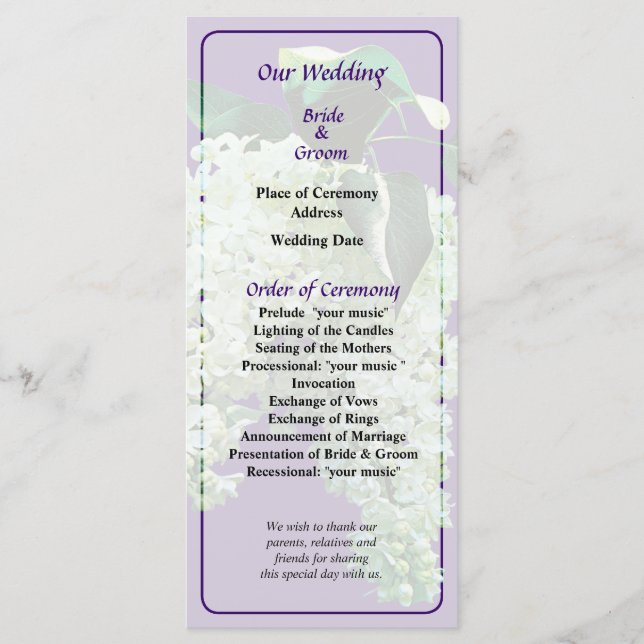 Programme de mariage Lilacs blanc (Devant)